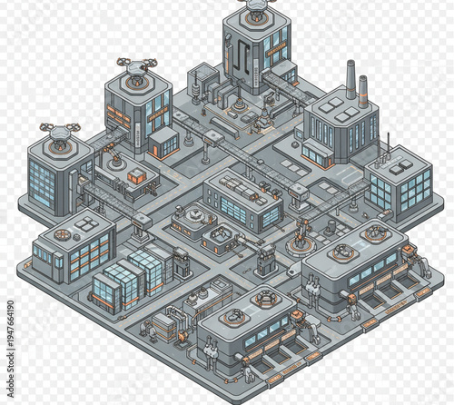 Isometric industrial complex with advanced manufacturing facilities and urban development