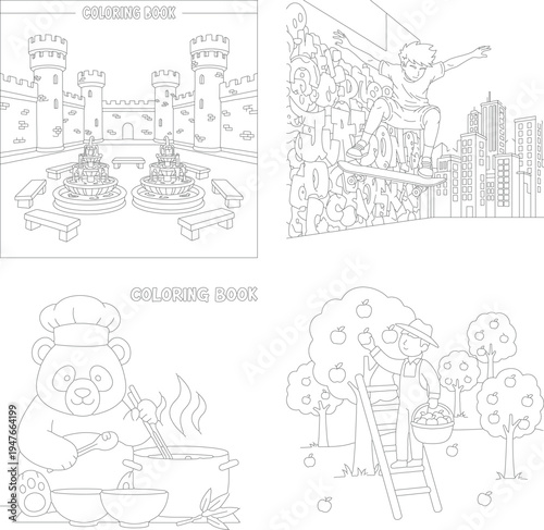 Kids coloring book pages collection: castle siege, skateboarder city, chef panda cooking & treehouse, coloring page, line art