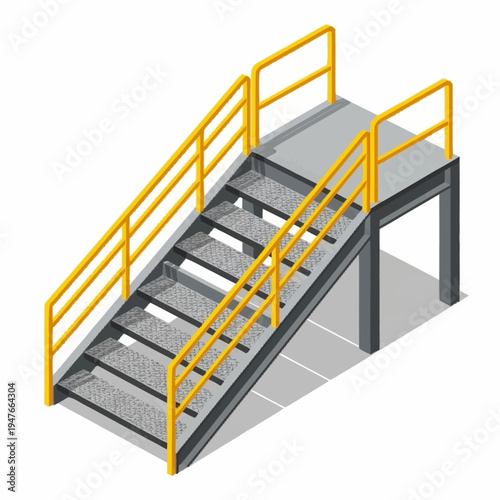 Isometric illustration of industrial stairs with yellow railings and gray steps.