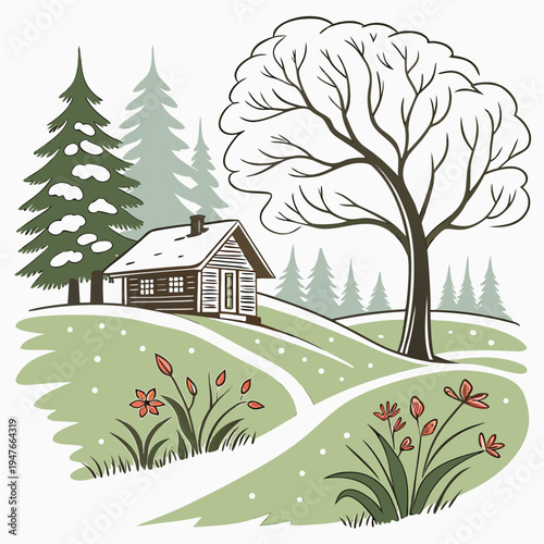 A small house on a green hill with a tree and flowers Vector