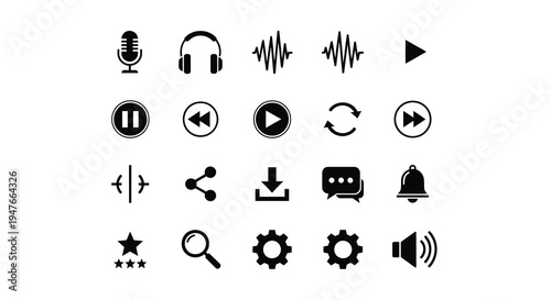 Collection of black podcast and music related icons a silhouette