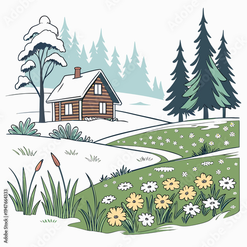 A brown house with a snow covered roof in a winter landscape Vector