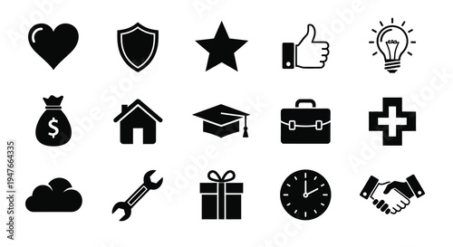 Collection of black icons representing various concepts a silhouette