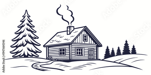 A small house with smoke coming out of the chimney in a snowy landscape Vector