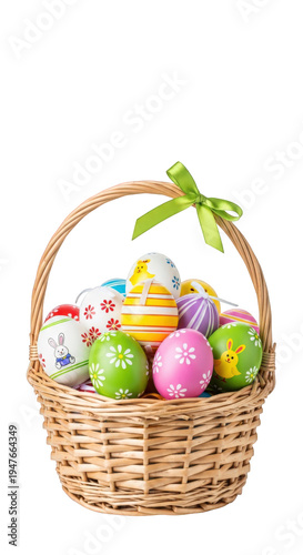 Colorful Easter eggs in a wicker basket isolated on transparent background