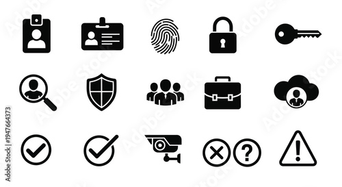 Security and identification icons displayed in a stark black silhouette