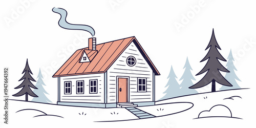 A small white house with an orange roof in a snowy landscape Vector