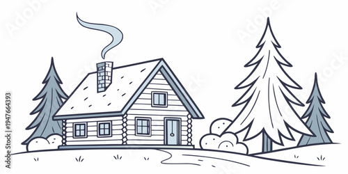 A house in the snow with trees and smoke coming out of the chimney Vector