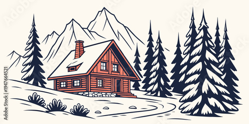 A red house in a snowy landscape with mountains Vector
