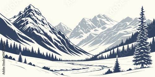 A mountain range with snow and trees Vector