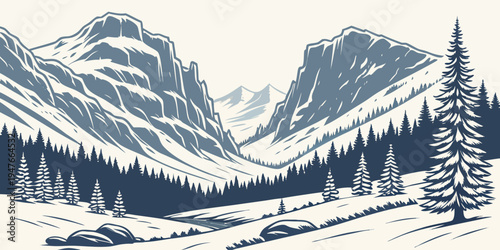 Snowy mountain range with trees and snow Vector