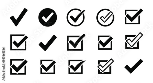 Collection of black checkmark and square icons in a flat style silhouette