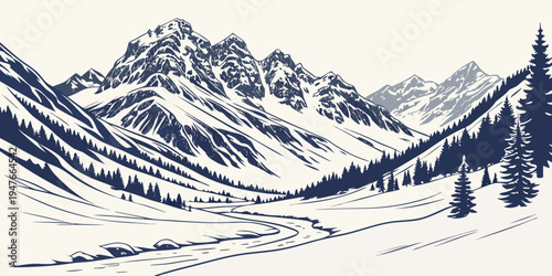A snowy mountain range with trees and a small village Vector