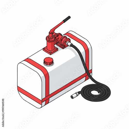 Isometric illustration of a fuel tank with a hand pump and hose.