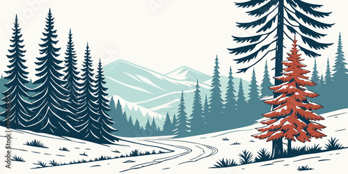 A red christmas tree stands in a snowy forest Vector