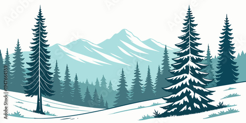 Snowy mountain landscape with pine trees Vector