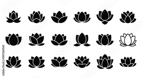 Collection of black lotus flower designs in various forms silhouette
