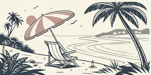 A beach scene with a lounge chair and umbrella Vector