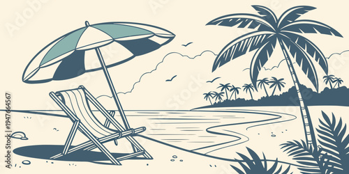 Beach chair and umbrella on sandy shore by palm tree Vector
