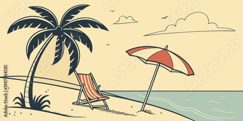 A beach scene with a palm tree and a beach chair Vector