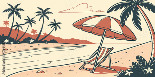 A beach scene with a red and white umbrella Vector