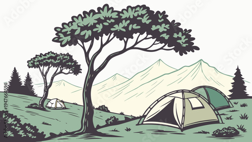 A tent pitched under a tree in a mountainous landscape Vector