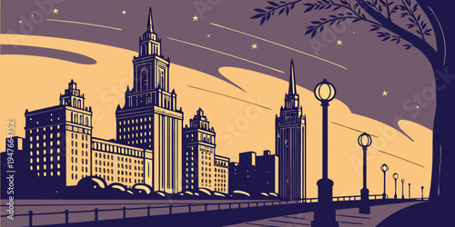 A city skyline at dusk with tall buildings Vector