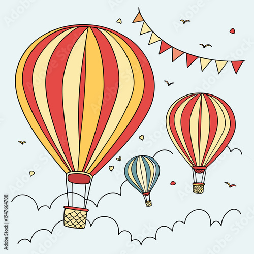 Three colorful hot air balloons flying in the sky Vector