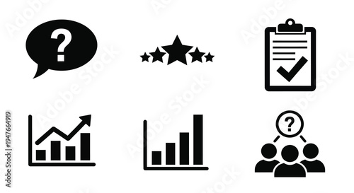 Business icons featuring question marks charts and a checklist silhouette