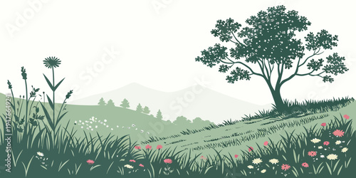 A serene landscape with a tree and flowers Vector