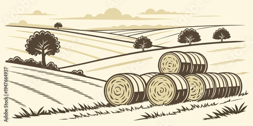 A field with hay bales and a tree Vector