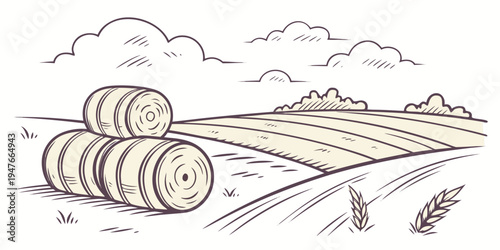 A drawing of three hay bales in a field Vector