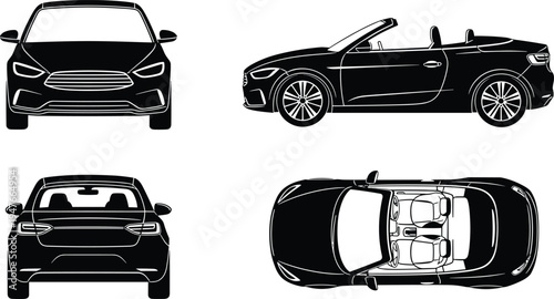Convertible car silhouette set with front side rear and top views isolated vector illustration for automotive design transport collection