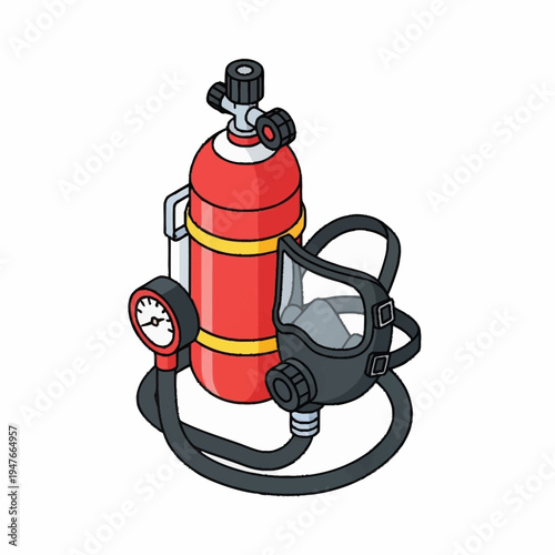 Isometric illustration of a red scuba tank with a black mask and pressure gauge.