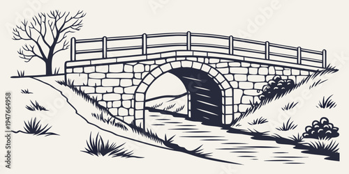 A stone bridge with an archway over a stream Vector