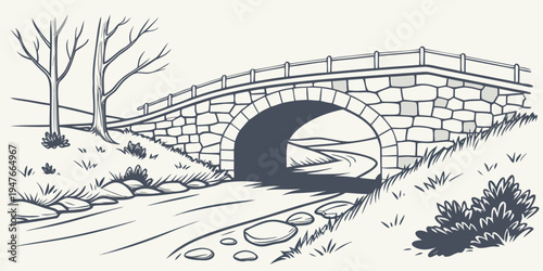 A stone bridge over a small stream in a rural landscape Vector
