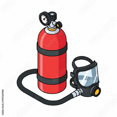 Illustration of a red scuba tank with a pressure gauge and a black mask connected by a hose.