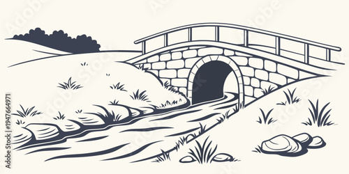 A stone bridge with an archway over a stream Vector
