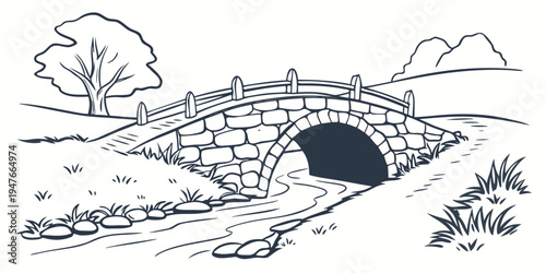 A small stone bridge over a stream in a rural landscape Vector
