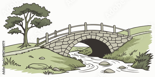 A small stone bridge over a stream with a tree Vector