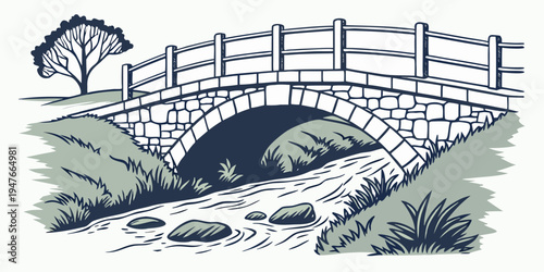 A stone bridge over a small stream with a tree Vector