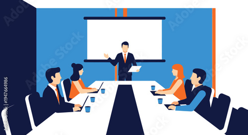 Business meeting in progress with a presenter flat vector silhouette