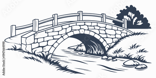 Stone bridge over a small stream with a tree Vector