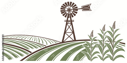 A windmill standing tall in a field of crops Vector