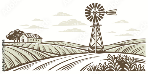 A windmill standing tall in a rural landscape Vector