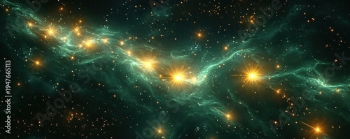 Vast cosmic scene with glowing golden stars and swirling green nebulae creating a mesmerizing celestial landscape filled with distant sparkling points of light