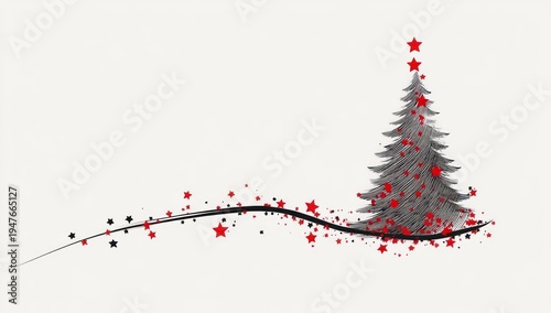 minimal hand-drawn pine tree with scattered red and black stars and a flowing black ribbon line, festive whimsical joyful holiday illustration