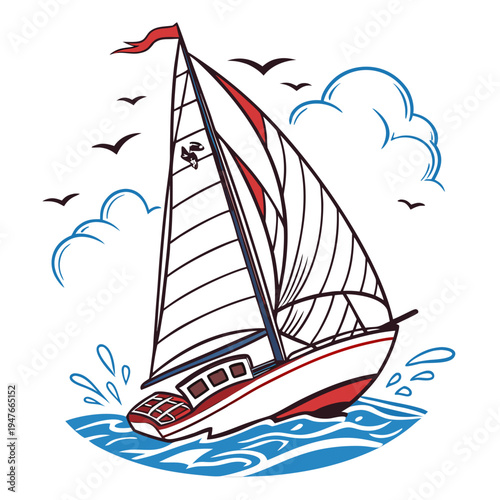 A sailboat on the water with birds flying overhead Vector
