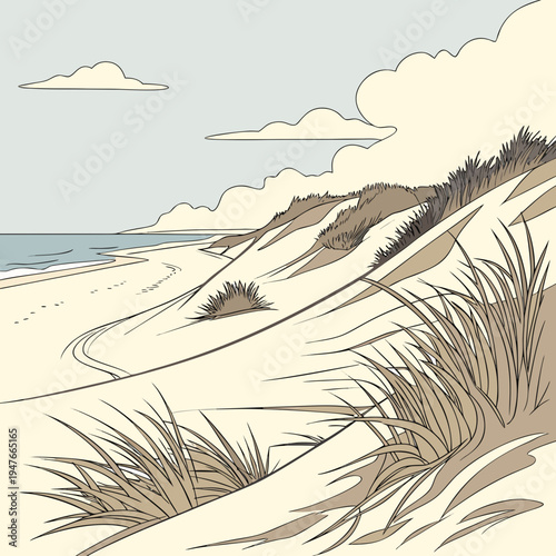 A serene beach scene with sand dunes and grass Vector