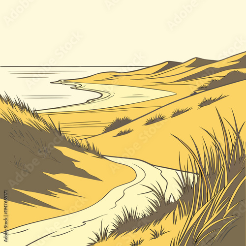 A winding path through a sandy dune landscape Vector